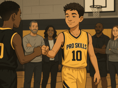 Youth basketball player walking off the court after a game, showing emotional growth and team connection.